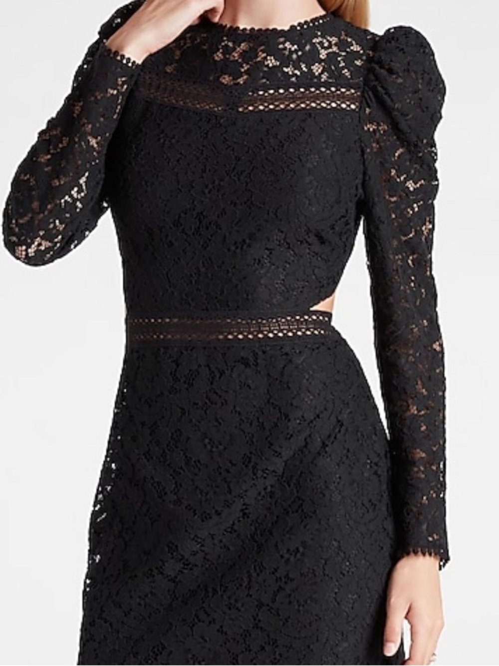 Express Black Lace Long-Sleeve Mini Dress with Puff Shoulders